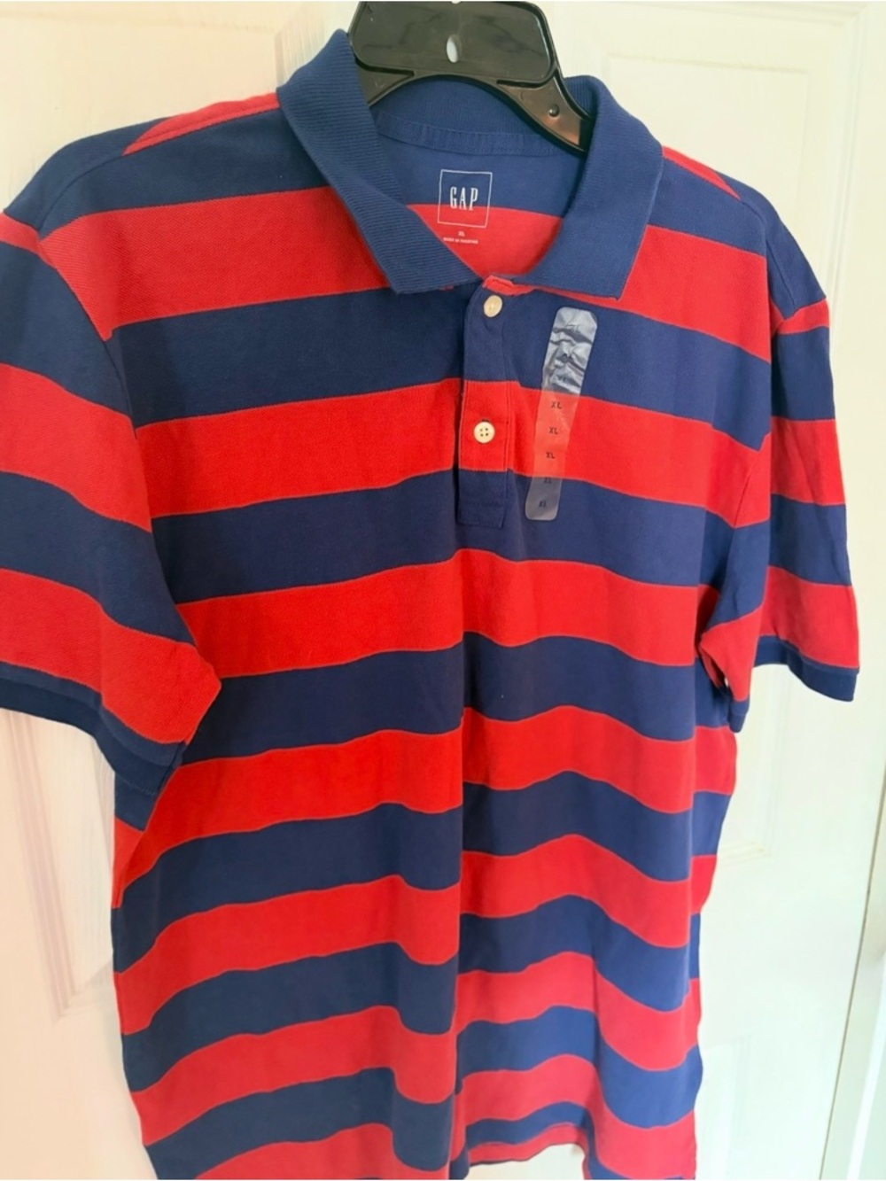 GAP Men's Red and Navy Wide-Stripe Polo